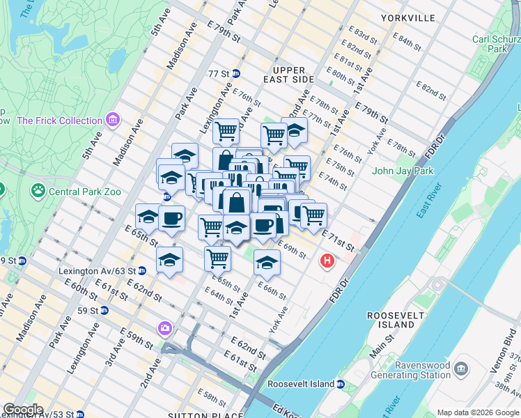 map of restaurants, bars, coffee shops, grocery stores, and more near 310 East 70th Street in New York