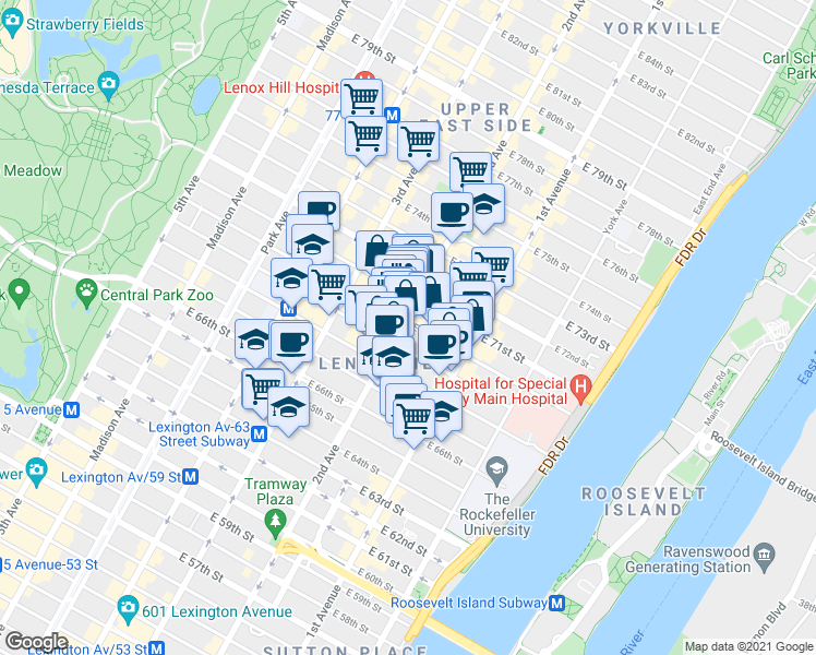 map of restaurants, bars, coffee shops, grocery stores, and more near 310 East 70th Street in New York