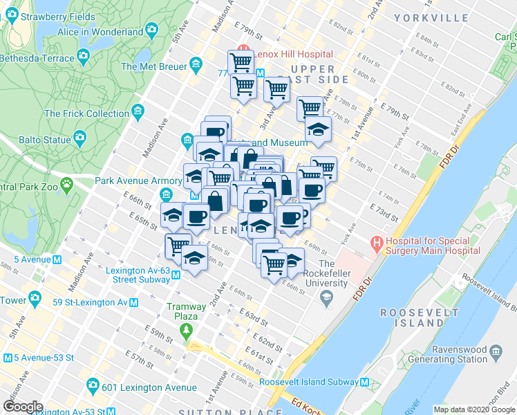 map of restaurants, bars, coffee shops, grocery stores, and more near in New York