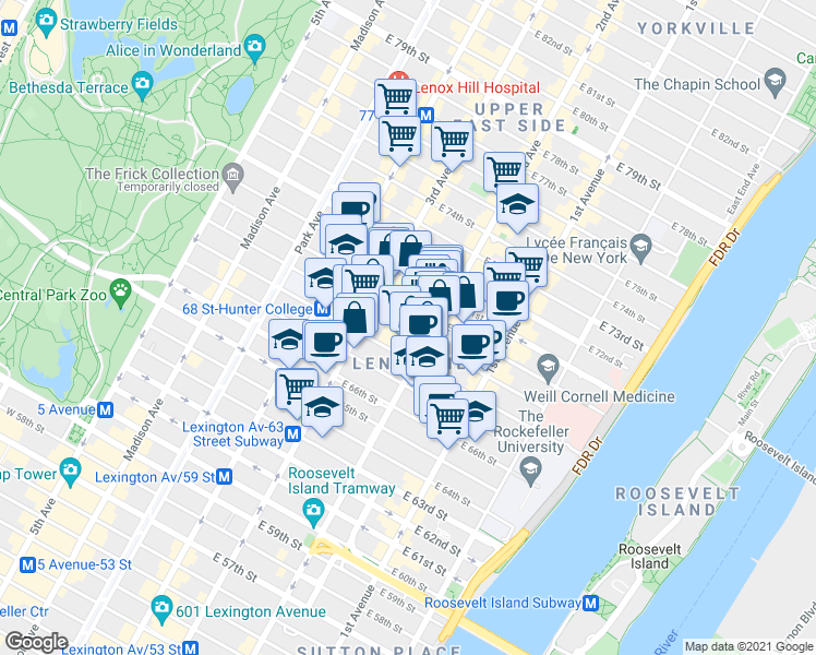 map of restaurants, bars, coffee shops, grocery stores, and more near in New York