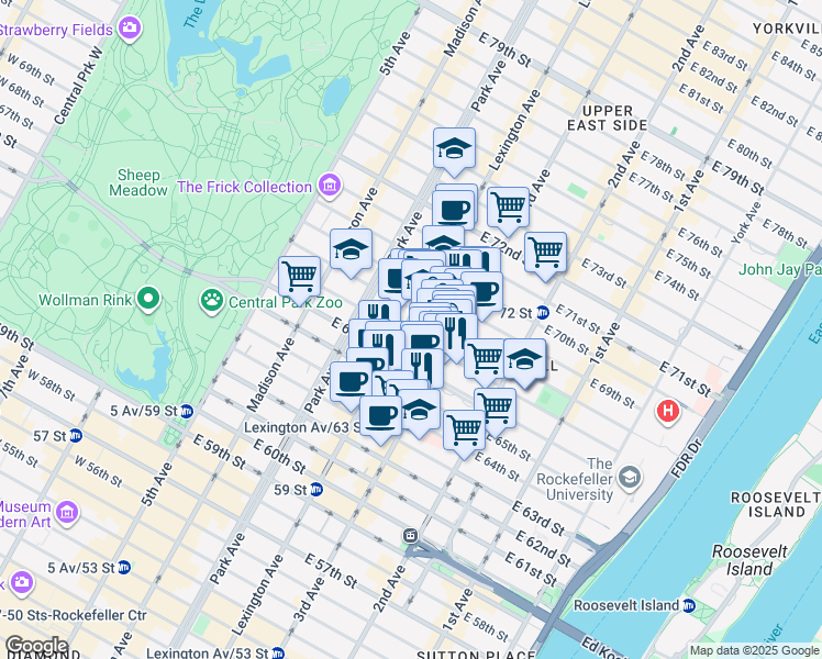 map of restaurants, bars, coffee shops, grocery stores, and more near 157 East 67th Street in New York