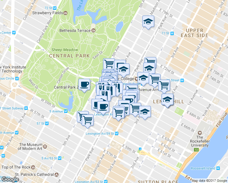 map of restaurants, bars, coffee shops, grocery stores, and more near 42A East 65th Street in New York