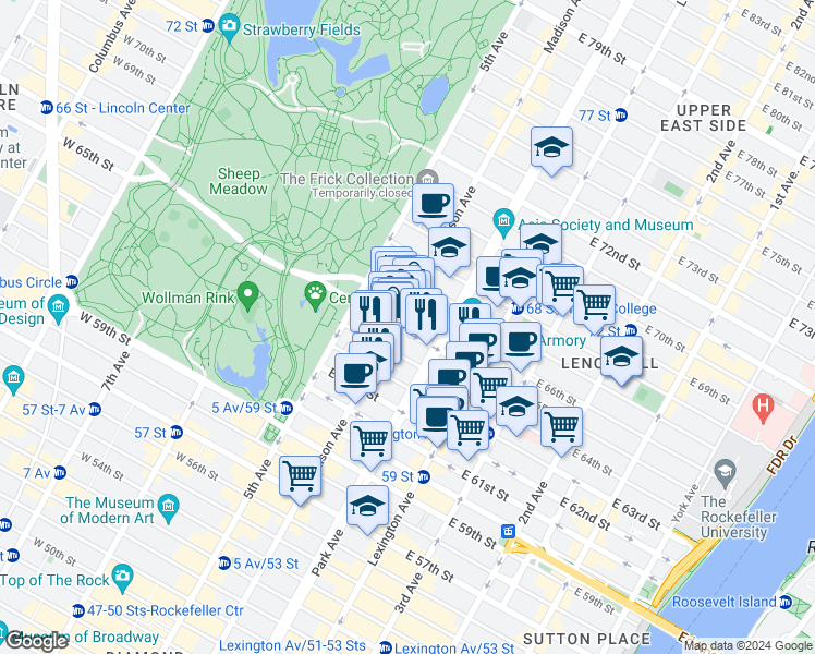 map of restaurants, bars, coffee shops, grocery stores, and more near 42A East 65th Street in New York