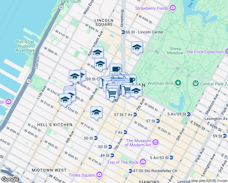 map of restaurants, bars, coffee shops, grocery stores, and more near Columbus Circle in New York