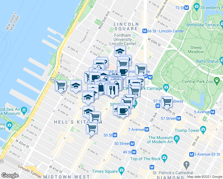 map of restaurants, bars, coffee shops, grocery stores, and more near 411 West 55th Street in New York