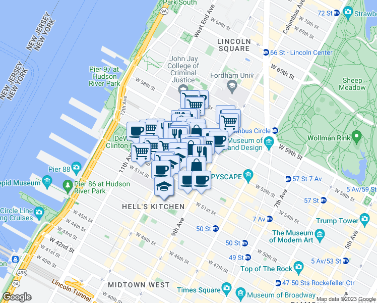 map of restaurants, bars, coffee shops, grocery stores, and more near 443 West 54th Street in New York