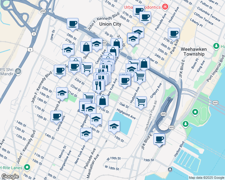 map of restaurants, bars, coffee shops, grocery stores, and more near 324 24th Street in Union City