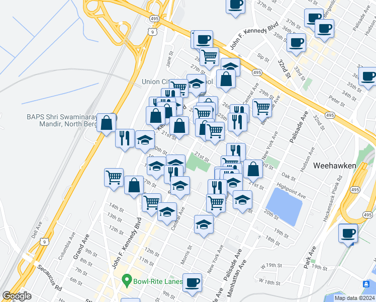 map of restaurants, bars, coffee shops, grocery stores, and more near 808 20th Street in Union City