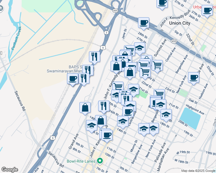 map of restaurants, bars, coffee shops, grocery stores, and more near 1814 John F. Kennedy Boulevard in Union City