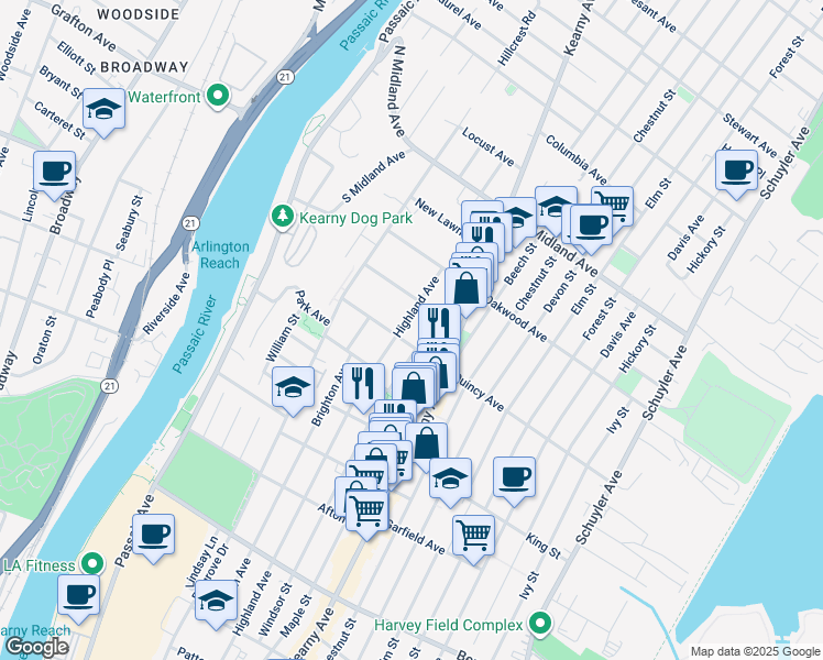 map of restaurants, bars, coffee shops, grocery stores, and more near 54 Quincy Avenue in Kearny