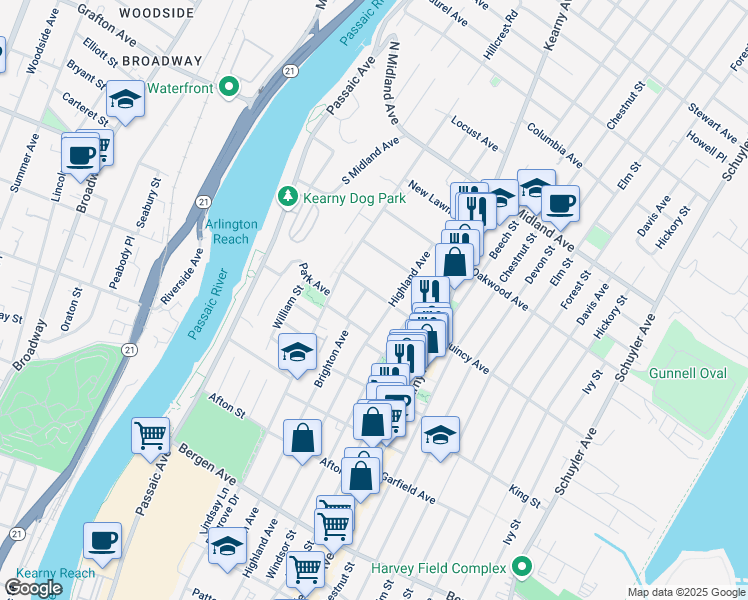 map of restaurants, bars, coffee shops, grocery stores, and more near 54 Quincy Avenue in Kearny