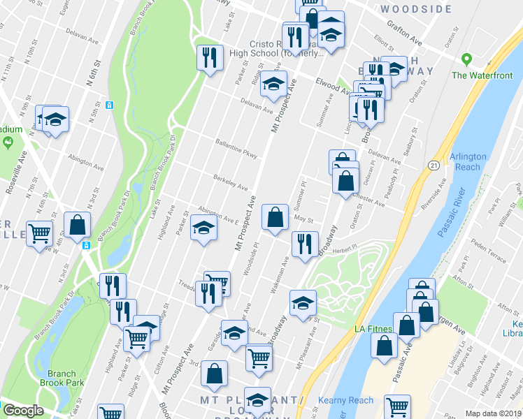 map of restaurants, bars, coffee shops, grocery stores, and more near 449 Mount Prospect Avenue in Newark