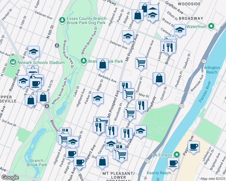 map of restaurants, bars, coffee shops, grocery stores, and more near 444 Mount Prospect Avenue in Newark