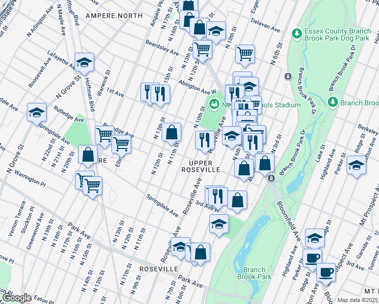 map of restaurants, bars, coffee shops, grocery stores, and more near 63-65 North 10th Street in Newark