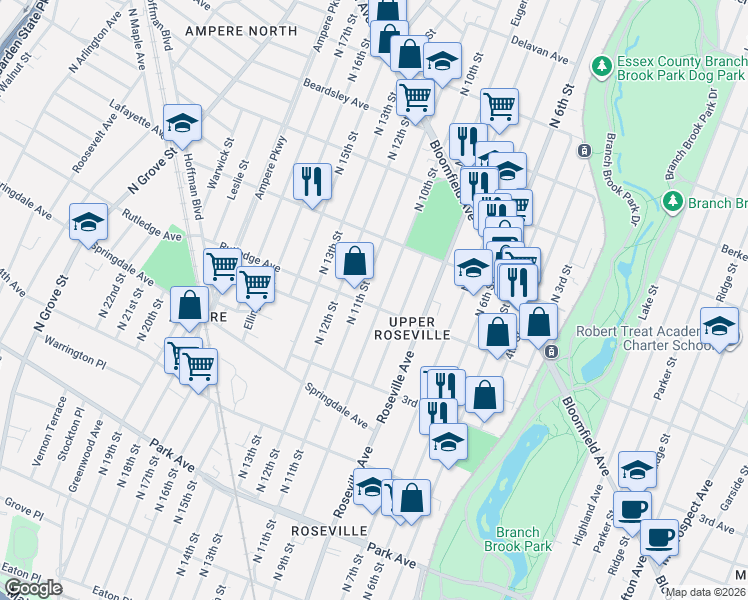 map of restaurants, bars, coffee shops, grocery stores, and more near 63-65 North 10th Street in Newark