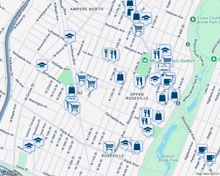 map of restaurants, bars, coffee shops, grocery stores, and more near 327 North 13th Street in Newark