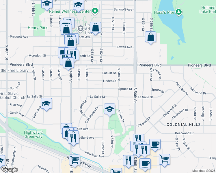 map of restaurants, bars, coffee shops, grocery stores, and more near 5237 Spruce Street in Lincoln