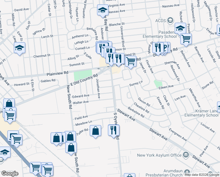 map of restaurants, bars, coffee shops, grocery stores, and more near 6 Edward Avenue in Hicksville