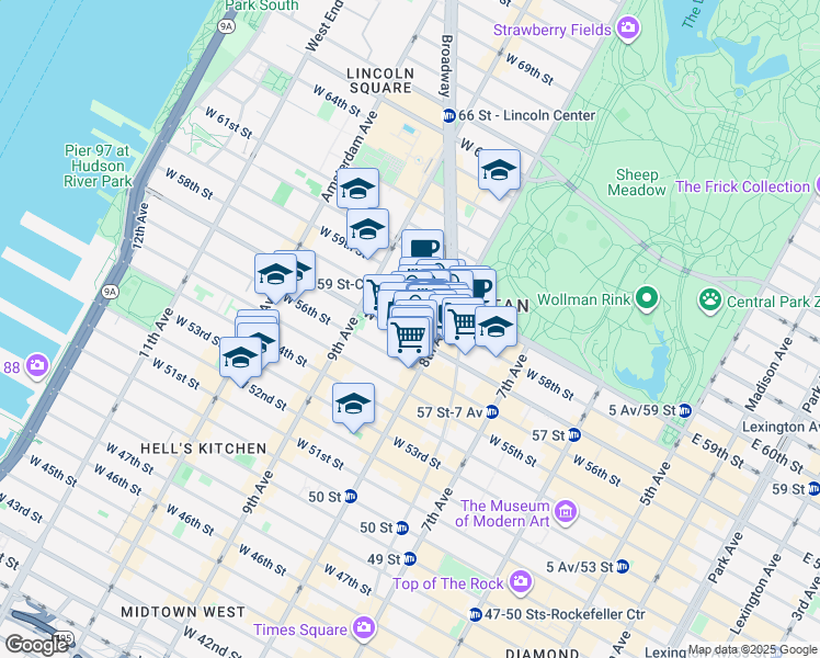 map of restaurants, bars, coffee shops, grocery stores, and more near 315 West 57th Street in New York