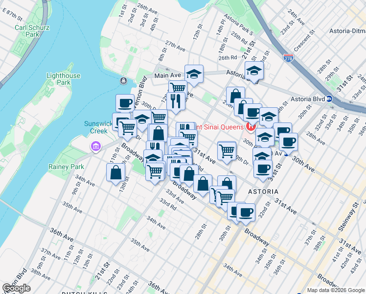 map of restaurants, bars, coffee shops, grocery stores, and more near 51 21st Street in Queens