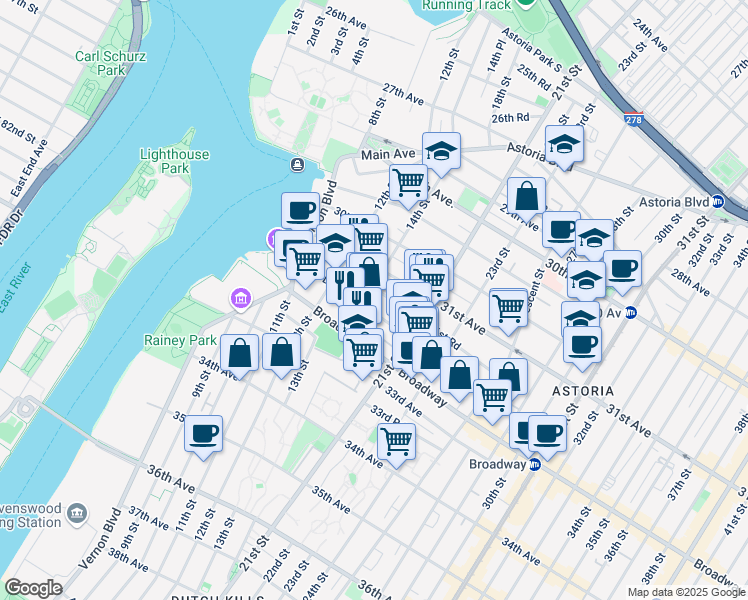 map of restaurants, bars, coffee shops, grocery stores, and more near 14-21 31st Drive in Queens