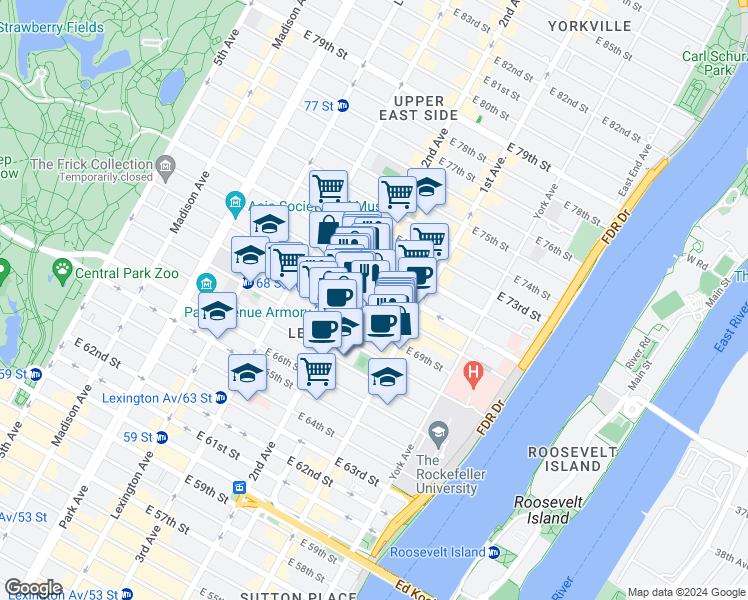 map of restaurants, bars, coffee shops, grocery stores, and more near 315 East 70th Street in New York