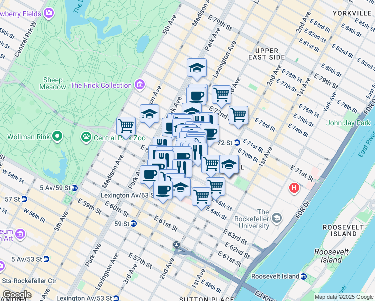 map of restaurants, bars, coffee shops, grocery stores, and more near 164 East 68th Street in New York