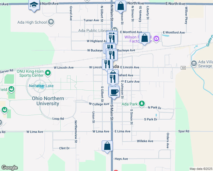 map of restaurants, bars, coffee shops, grocery stores, and more near 525 South Main Street in Ada