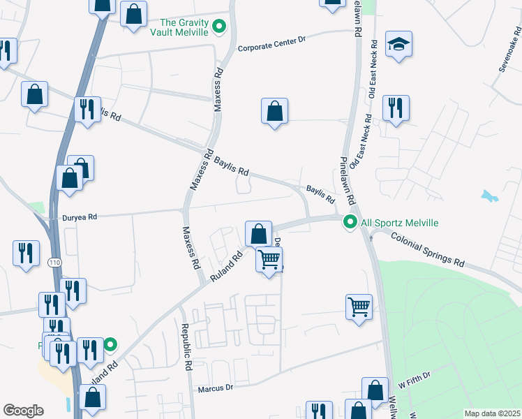 map of restaurants, bars, coffee shops, grocery stores, and more near 60 Duryea Road in Melville