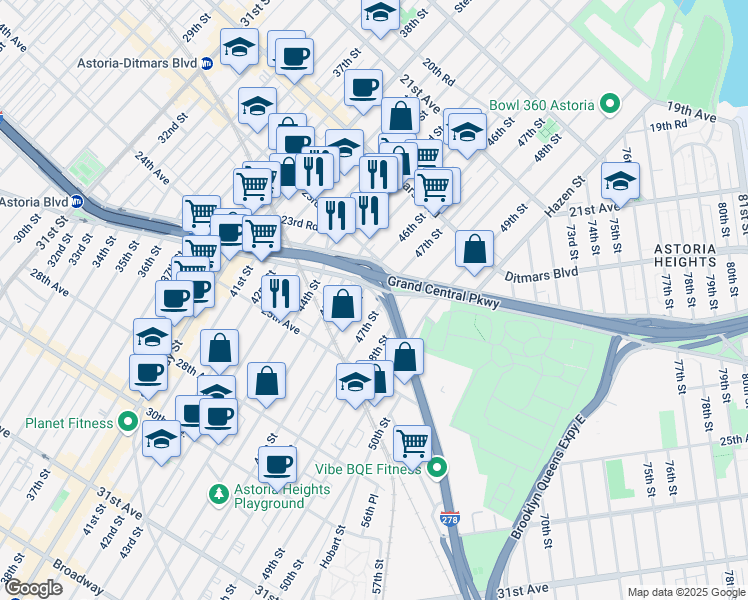 map of restaurants, bars, coffee shops, grocery stores, and more near 24-30 47th Street in Queens
