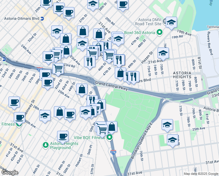 map of restaurants, bars, coffee shops, grocery stores, and more near 48th Street & 49th Street in Queens
