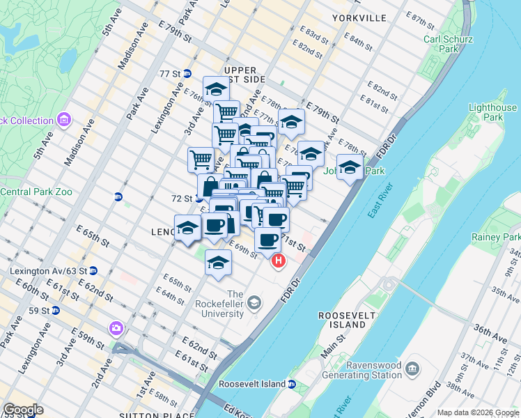 map of restaurants, bars, coffee shops, grocery stores, and more near in New York