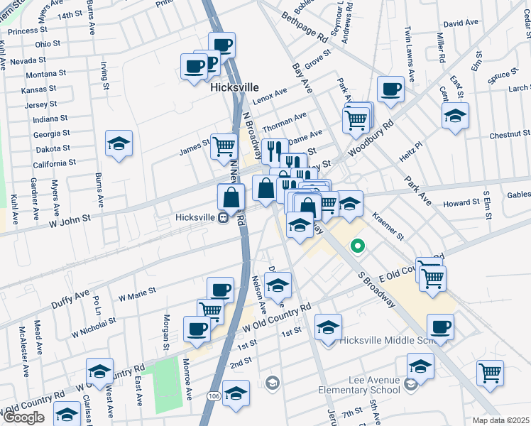map of restaurants, bars, coffee shops, grocery stores, and more near 2 Nelson Avenue in Hicksville