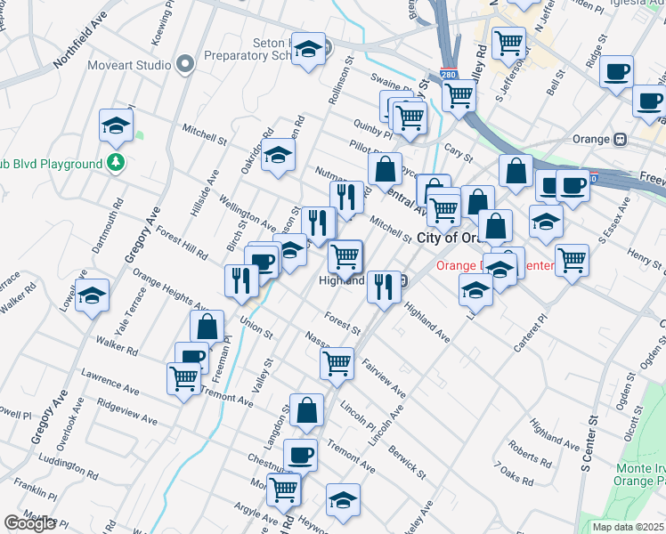 map of restaurants, bars, coffee shops, grocery stores, and more near 606 Freeman Street in City of Orange