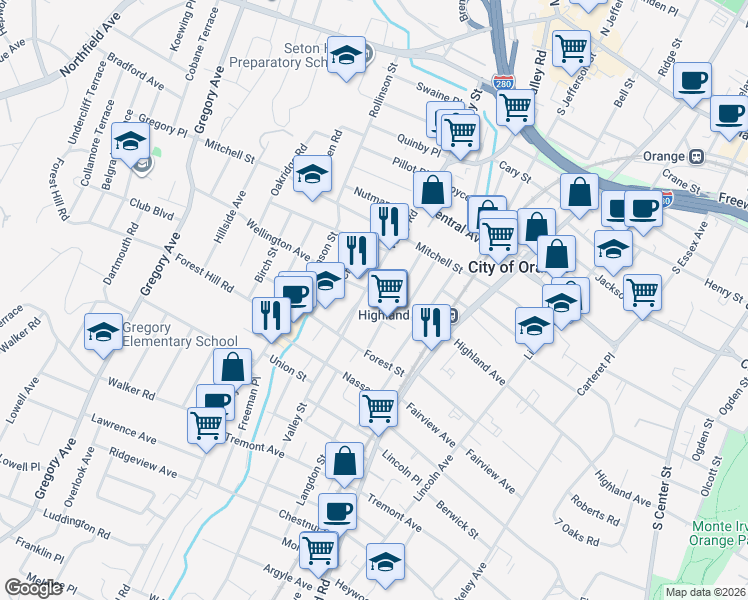 map of restaurants, bars, coffee shops, grocery stores, and more near 606 Freeman Street in City of Orange