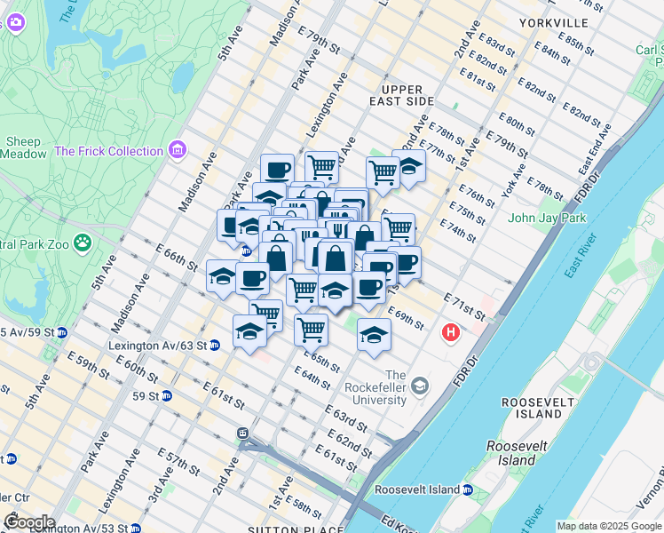 map of restaurants, bars, coffee shops, grocery stores, and more near 215 East 68th Street in New York