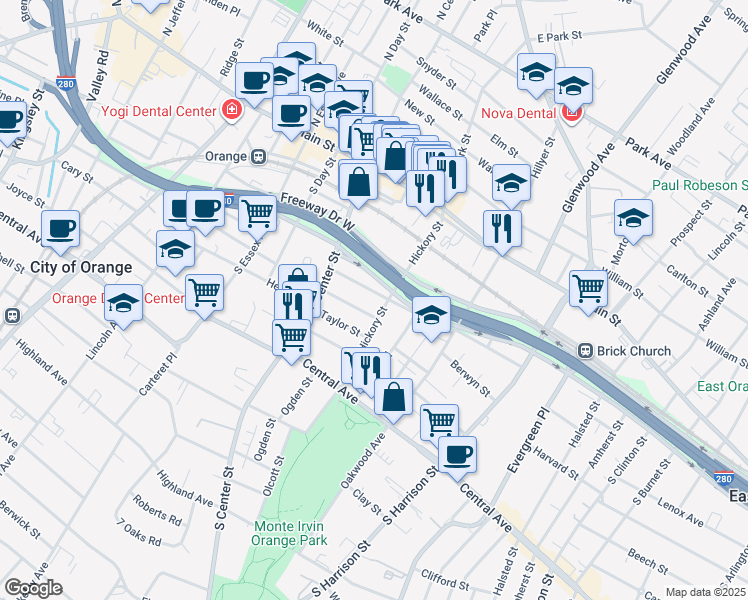 map of restaurants, bars, coffee shops, grocery stores, and more near 164 Parrow Street in City of Orange