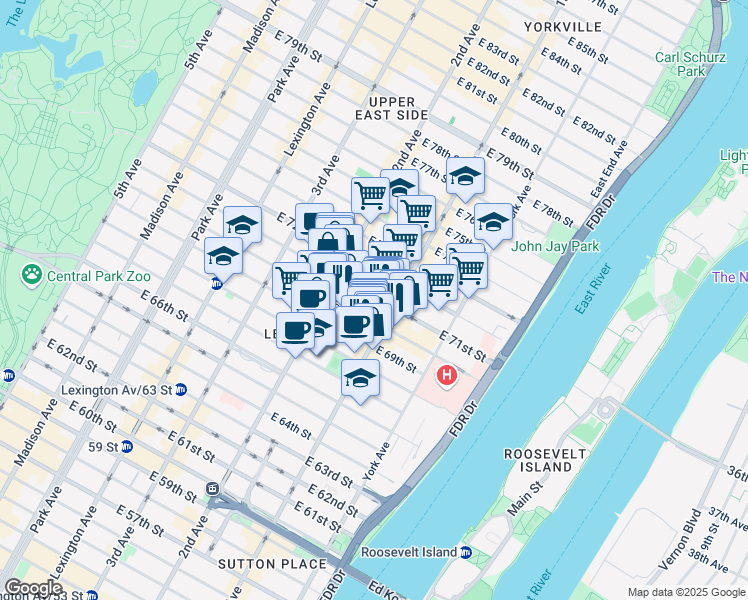 map of restaurants, bars, coffee shops, grocery stores, and more near 333 East 70th Street in New York