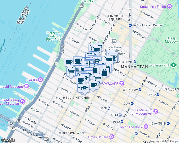 map of restaurants, bars, coffee shops, grocery stores, and more near 443 West 54th Street in New York