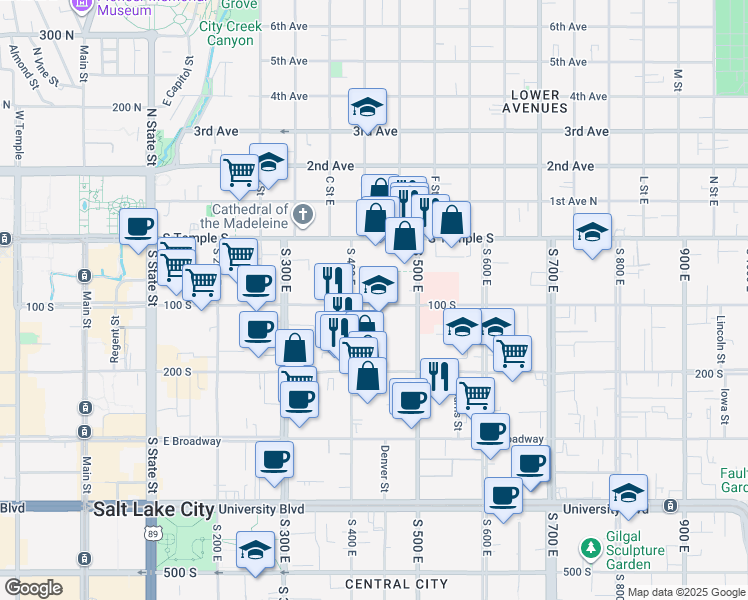 map of restaurants, bars, coffee shops, grocery stores, and more near 425 East 100 South in Salt Lake City