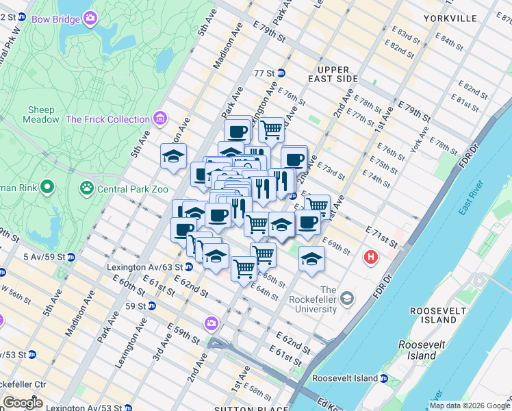 map of restaurants, bars, coffee shops, grocery stores, and more near 1175 3rd Avenue in New York