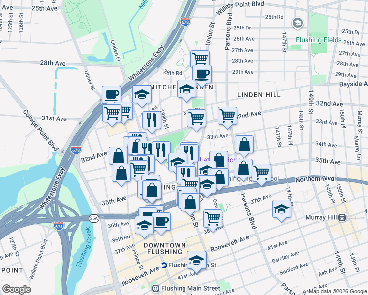 map of restaurants, bars, coffee shops, grocery stores, and more near 139-10 34th Avenue in Queens