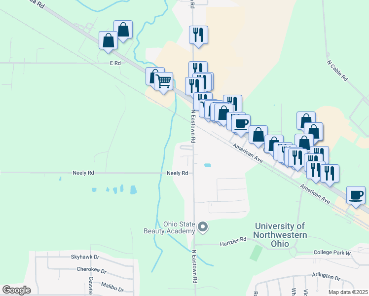 map of restaurants, bars, coffee shops, grocery stores, and more near 2101 North Eastown Road in Elida