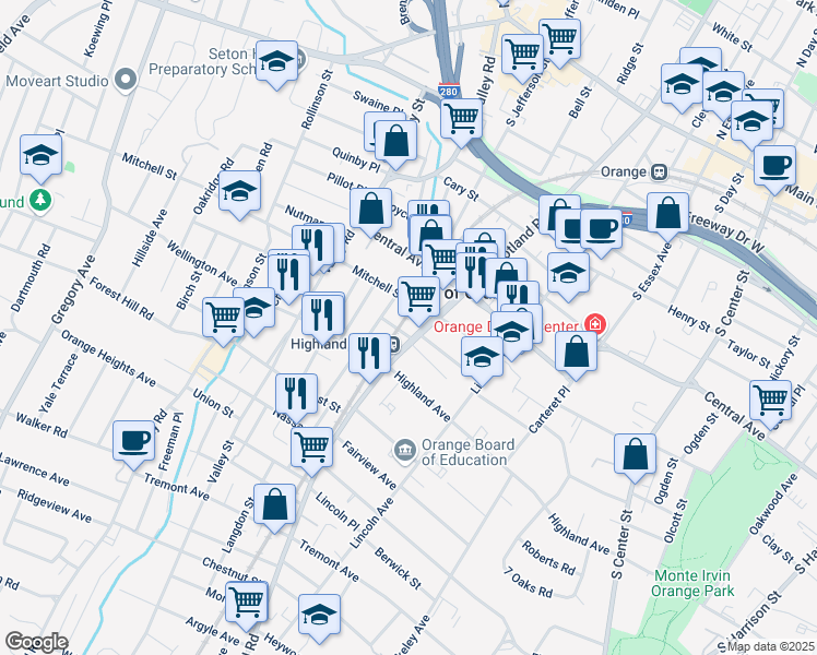 map of restaurants, bars, coffee shops, grocery stores, and more near 492 Conover Terrace in City of Orange