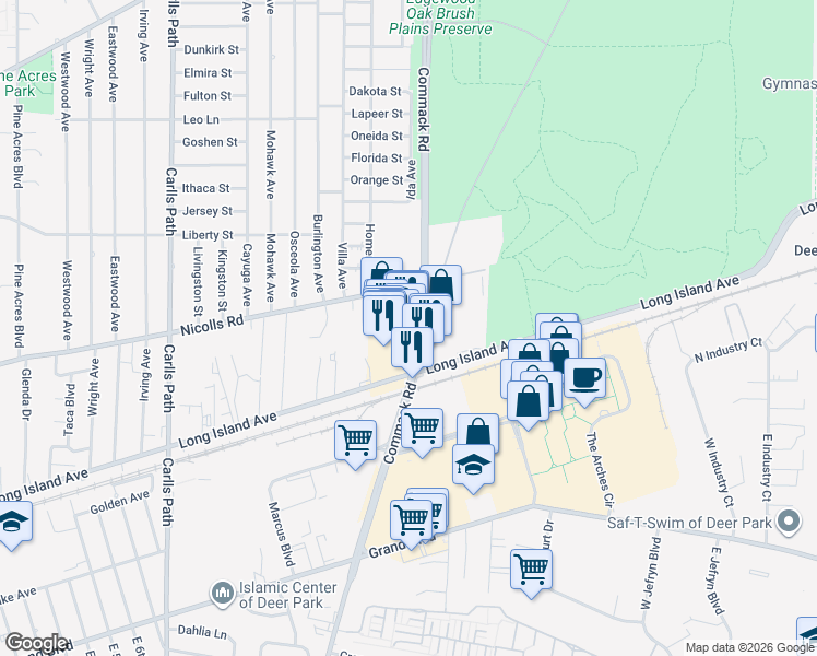 map of restaurants, bars, coffee shops, grocery stores, and more near 512 Commack Road in Deer Park