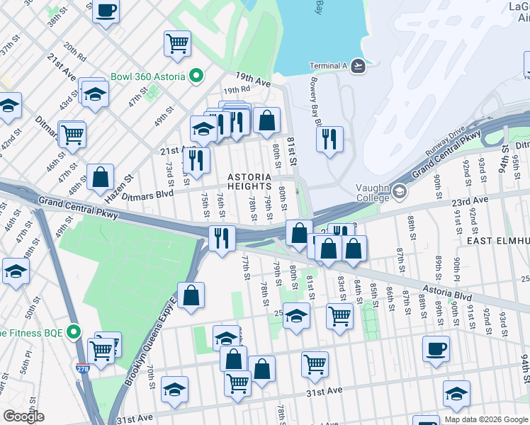 map of restaurants, bars, coffee shops, grocery stores, and more near 22-61 79th Street in Queens