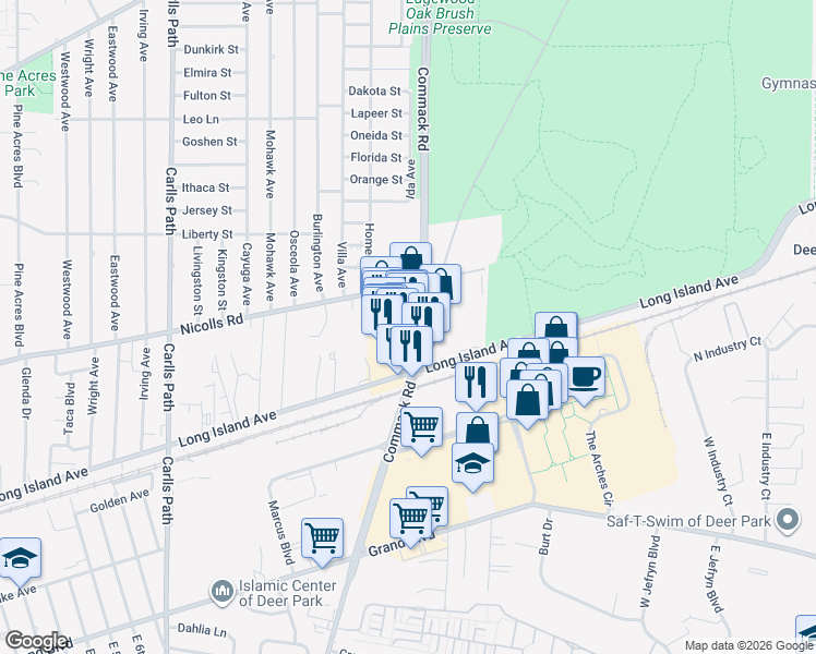 map of restaurants, bars, coffee shops, grocery stores, and more near 512 Commack Road in Deer Park