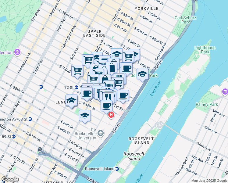 map of restaurants, bars, coffee shops, grocery stores, and more near 1361 York Avenue in New York