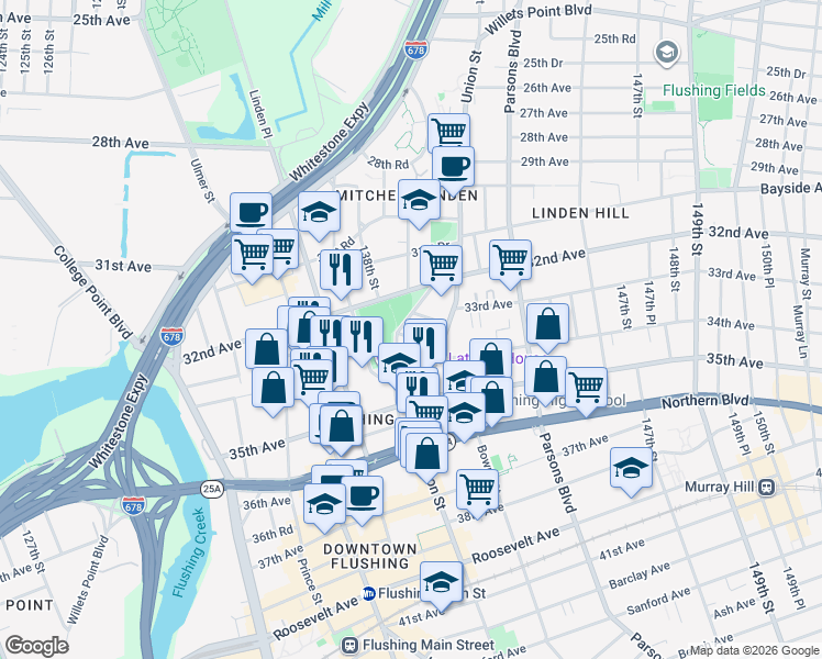 map of restaurants, bars, coffee shops, grocery stores, and more near 139-10 34th Avenue in Queens