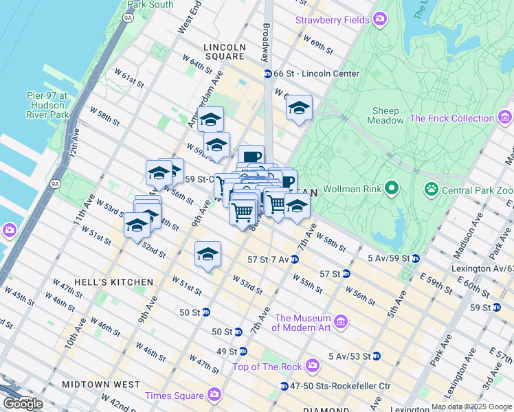 map of restaurants, bars, coffee shops, grocery stores, and more near Columbus Circle in New York
